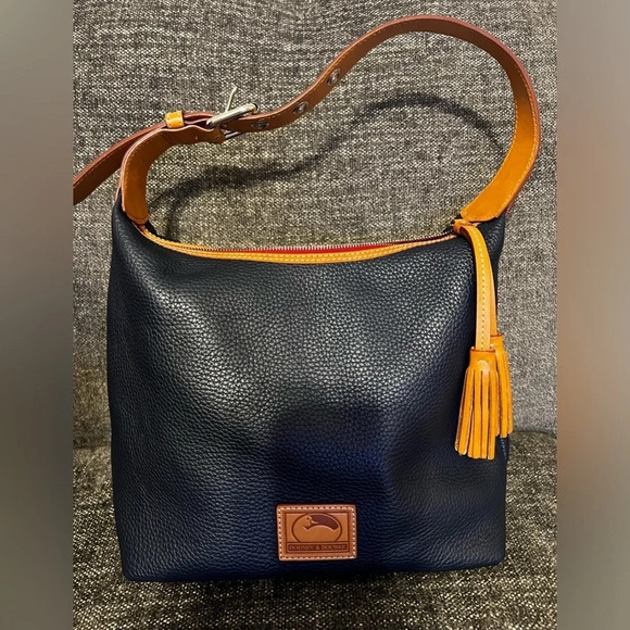 Dooney & Bourke Navy and Tan Leather Paige Pebble Leather Hobo Bag - Picture 1 of 12